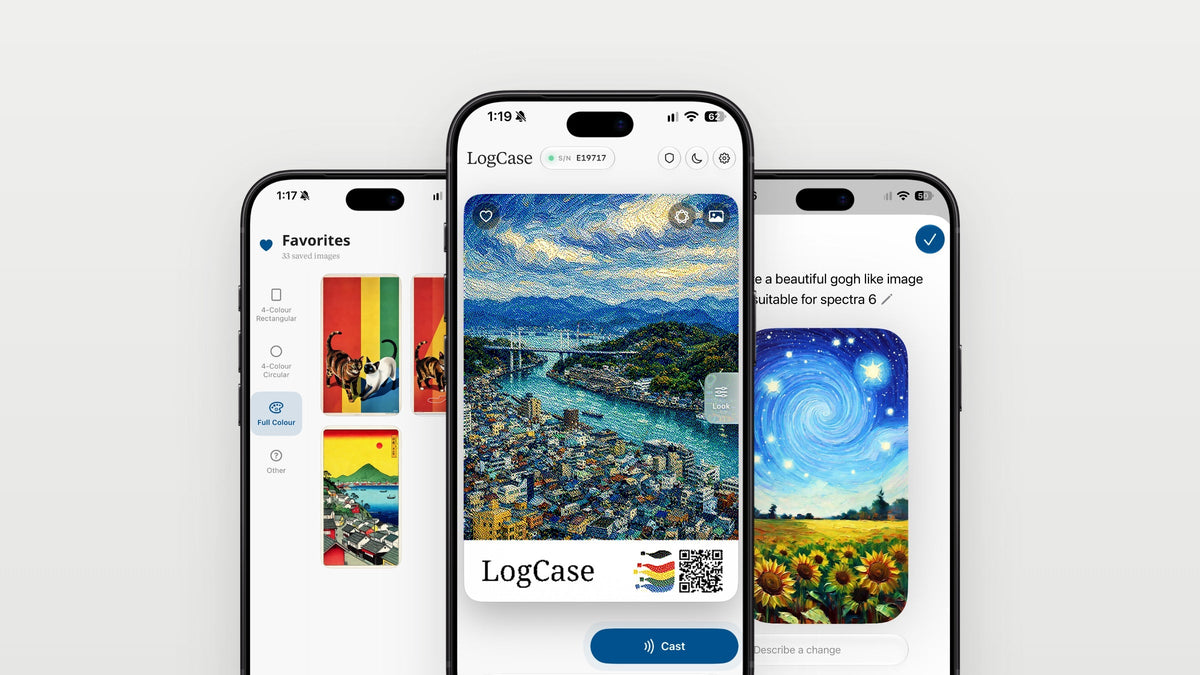 Three iPhones showing LogCase 5.20: Favourites, Home and Image Playground