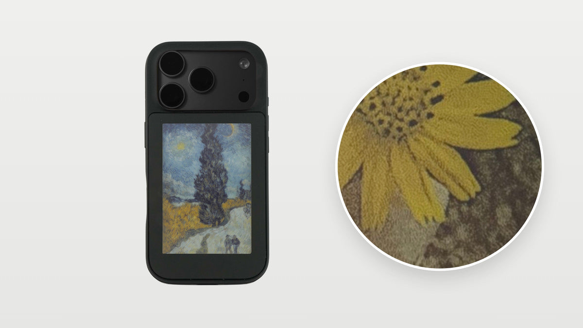 LogCase showing a painting, beside a close-up of the dots on an E-Paper photo
