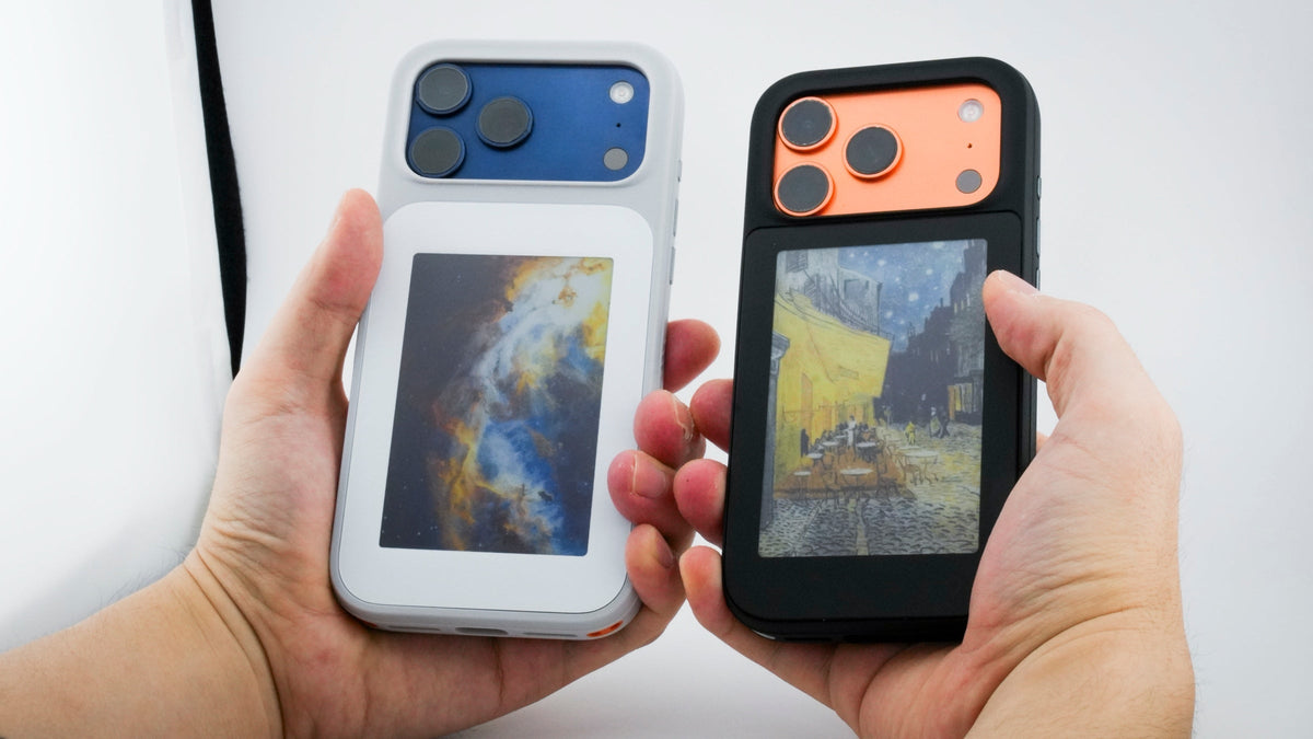 Two LogCase Full Colour cases held in hand, showing paintings in full colour