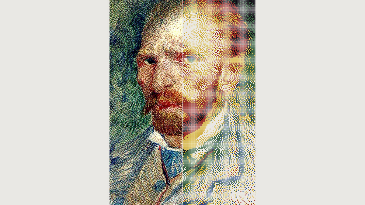 A Van Gogh self-portrait, left half as painted, right half dithered into the six inks of an E Ink Spectra 6 panel